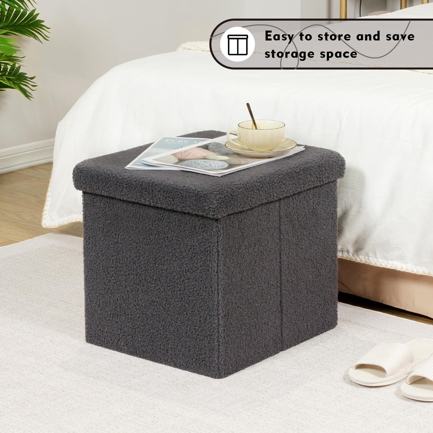 PINPLUS Storage Ottoman Foot Rest Stool, White Folding Sherpa Ottoman, Ottoman with Storage, Teddy Velvet Ottoman for Living Room, Bedroom, Dorm, 16.5" x 12.6" x 12.6"