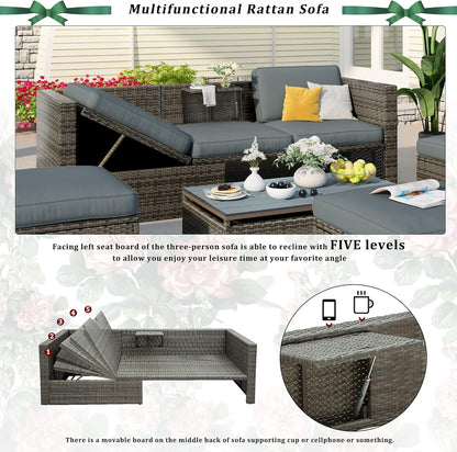 Morhome 5 Pieces Patio Furniture Sets All Weather Wicker Rattan Sectional Sofa Outdoor Conversation with Adustable Backrest, Cushions, Ottomans and Lift Top Coffee Table for Poolside, Garden, Backyard