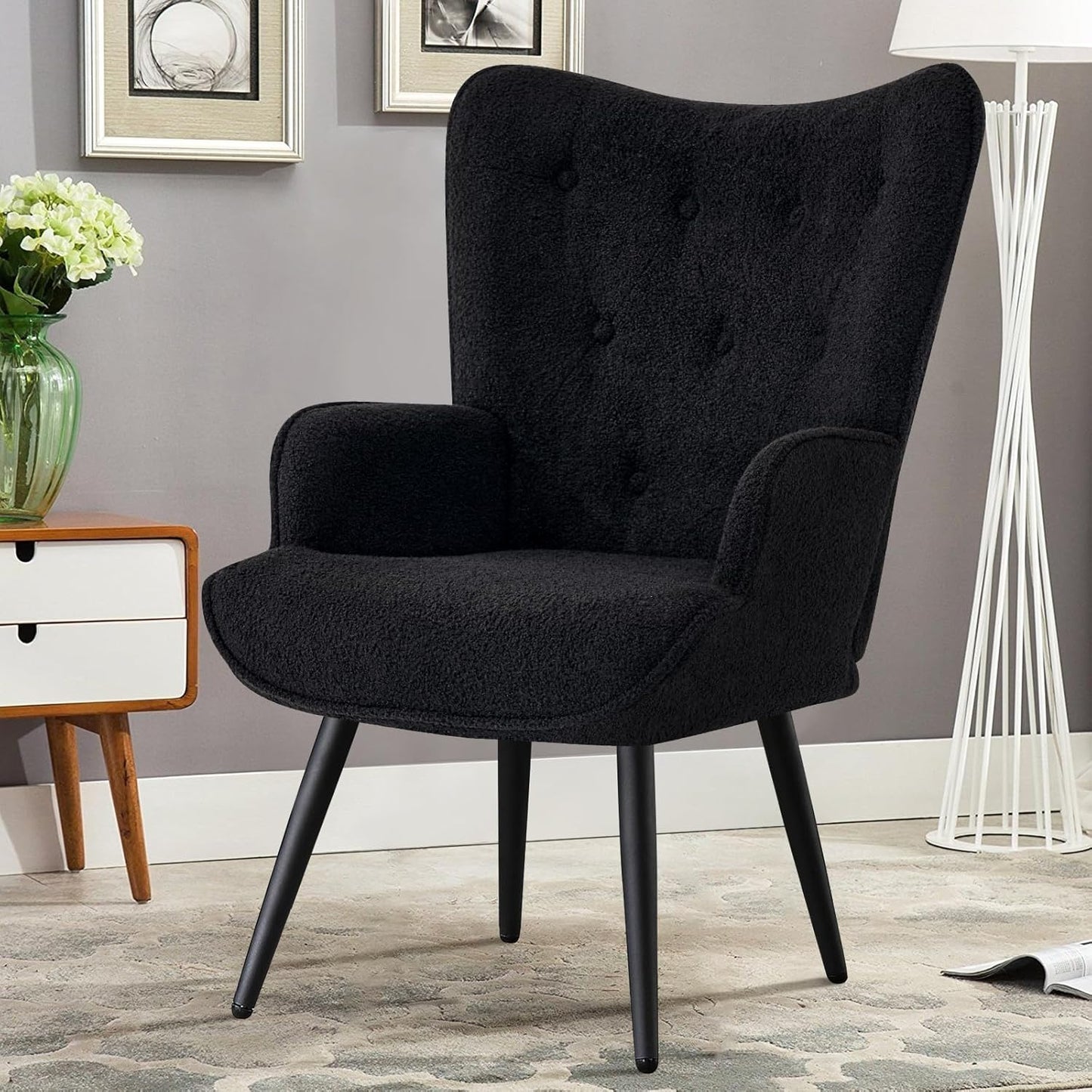 Furniliving Velvet Accent Chair Modern Upholstered Side Armchair with Tapered Legs Tufted Button Wingback Sofa Chairs Tall Back Reading for Living Room Bedroom Waiting Room, Black