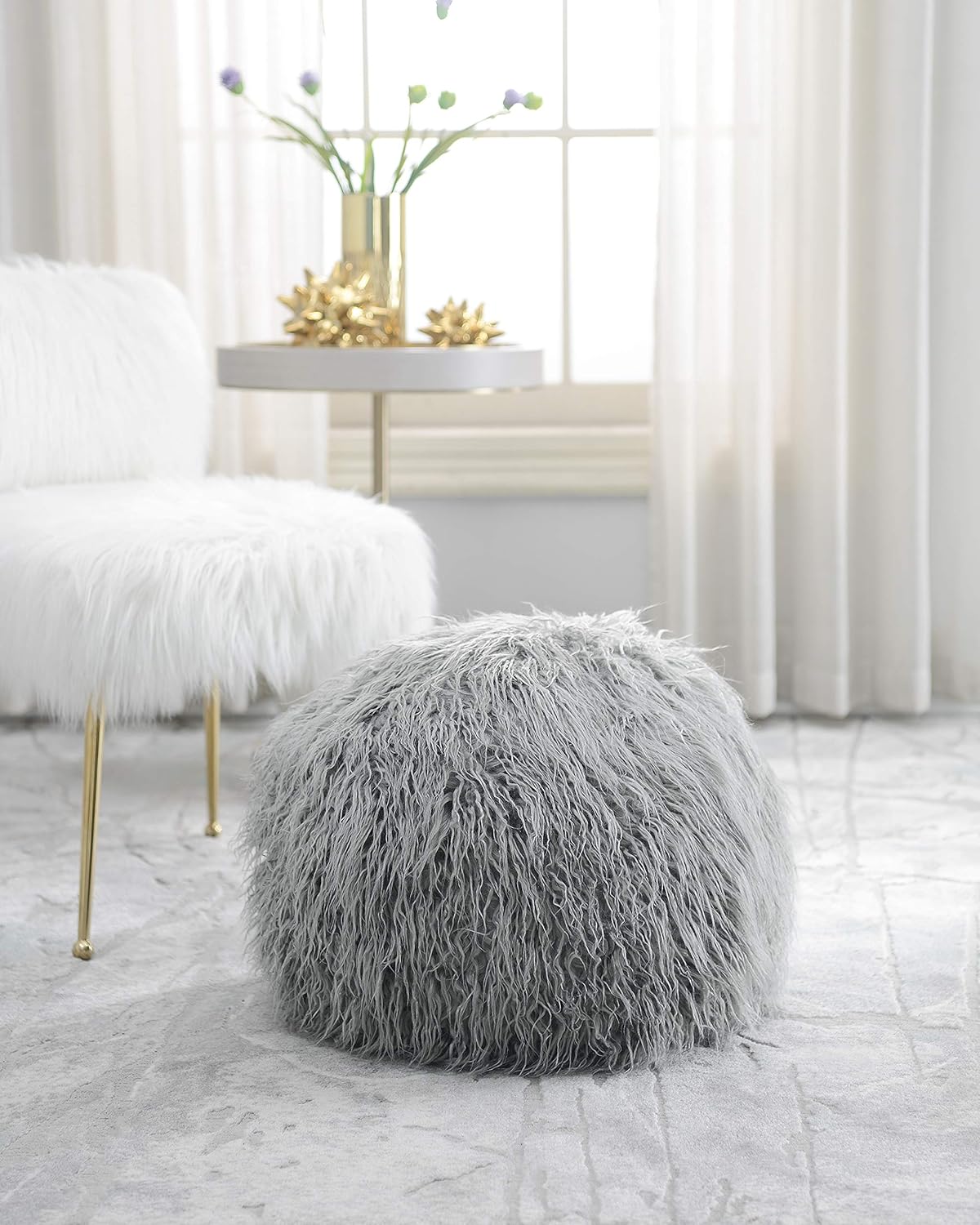 Comfortland Faux Fur Ottoman Stool (Empty & New), Fuzzy Pouf Cover, Fluffy Poof Ottomans, Furry Unstuffed Foot Rest with Storage for Living Room, Bedroom, or Gifts White