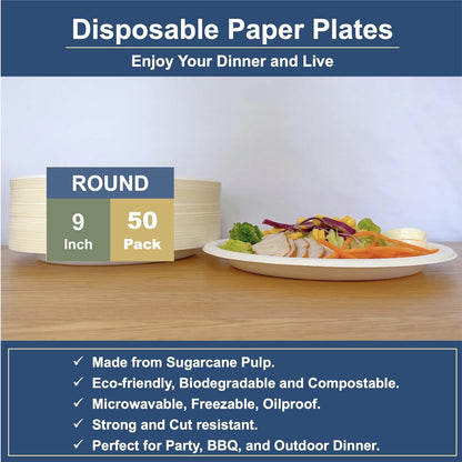 EcoHousing [10 Inch, 50 Pieces] 3-Compartment Disposable Plates, Nature Compostable Dinner Plates, Hot or Cold Use, Strong and Large, Microwavable, Eco-Friendly