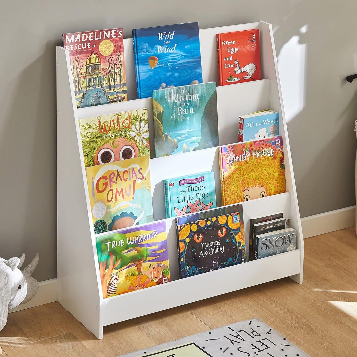 SoBuy KMB32-W, Children's Bookcase,Newspaper Rack with 4 Shelves,Storage Shelf for Children