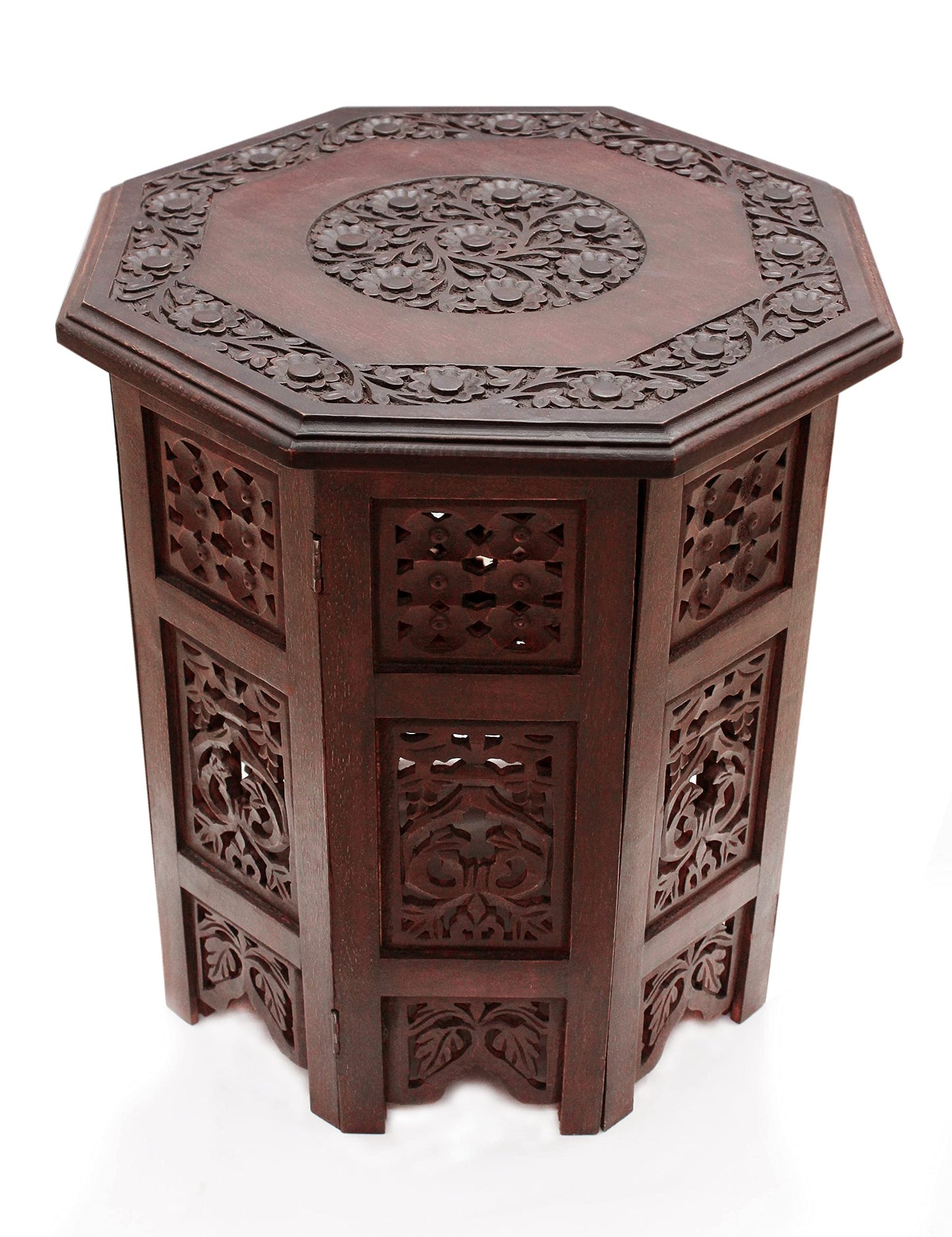 COTTON CRAFT Solid Wood Accent End Table - Hand Carved Vintage Boho Folding Side Table - Small Spaces Entryway Farmhouse Living Room Bedside - No Tools Assembly -18x18 Round - Jaipur Antique Brown