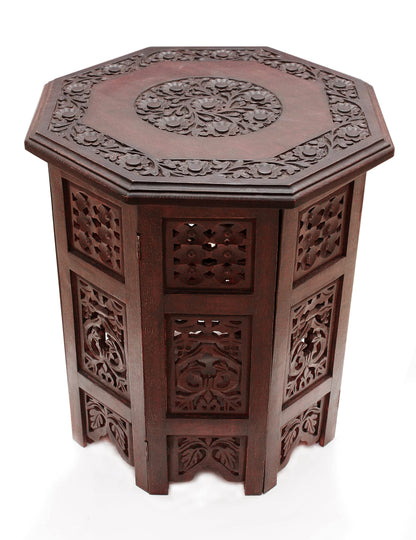 COTTON CRAFT Solid Wood Accent End Table - Hand Carved Vintage Boho Folding Side Table - Small Spaces Entryway Farmhouse Living Room Bedside - No Tools Assembly -18x18 Round - Jaipur Antique Brown