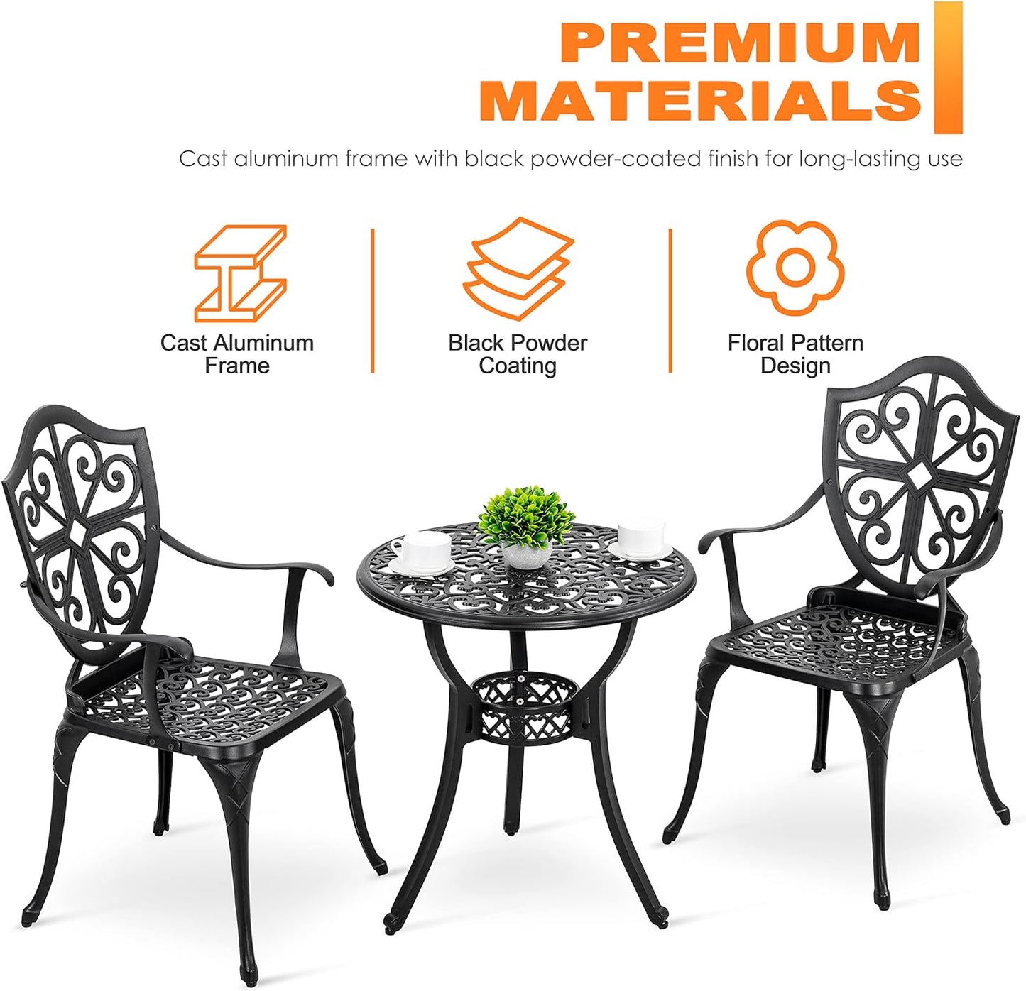 Nuu Garden Bistro Set 3 Piece Outdoor, Cast Aluminum Patio Bistro Sets with Umbrella Hole, Bistro Table and Chairs Set of 2 for Patio Backyard