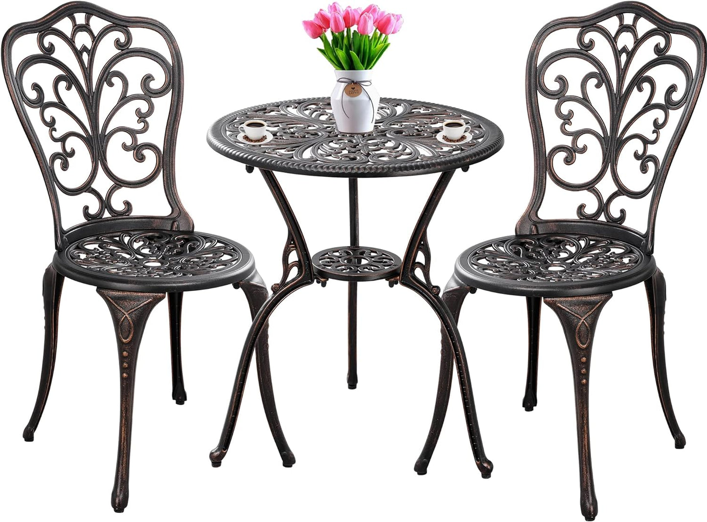 Withniture Bistro Set 3 Piece Outdoor Bistro Table and Chairs Set of 2, Cast Aluminum Patio Bistro Sets with Umbrella Hole, All Weather Bistro Table Set for Garden, Front Porch, Balcony (Bronze)