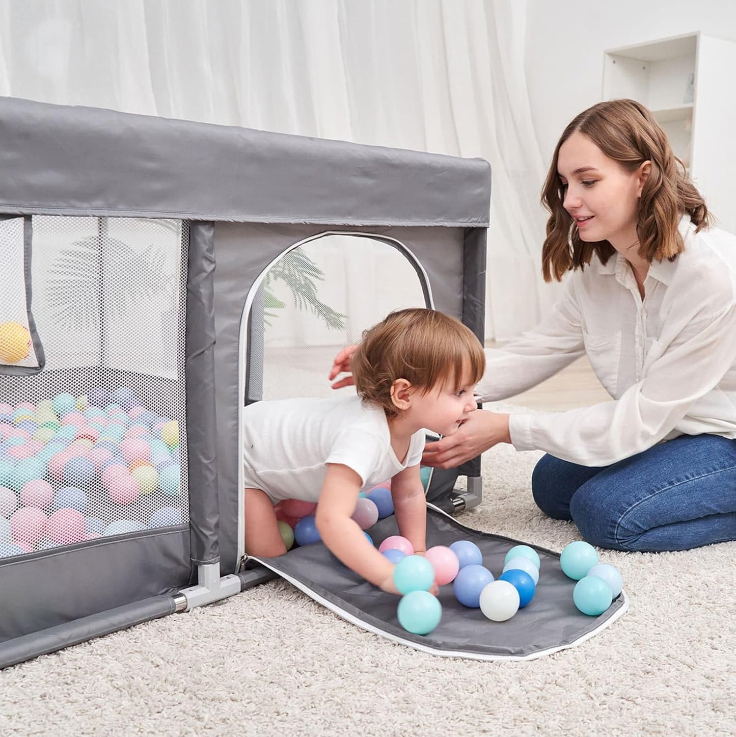 PandaEar Baby Playpen, Large Baby Playpen for Toddlers, Sturdy Baby Play Yards with Soft Breathable Mesh, Indoor & Outdoor Kids Activity for Infant Safety (50"×50")-LightGrey