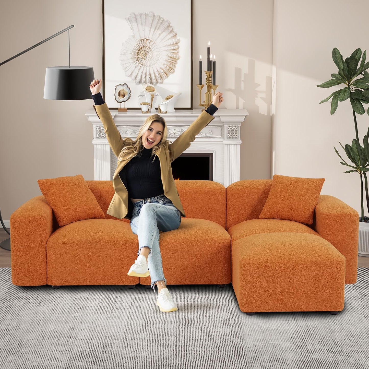 Fangflower L-Shaped Sectional Sofa with Teddy Fabric Reversible Ottoman, Sherpa Futon Couch with 2 Pillows for Living Room Apartment, 94 inch, Orange