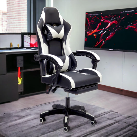 SBF Gaming Chair with Footrest, High Back Leather Office Desk Chair with USB Massager, Adjustable Height, Headrest and Lumbar, Swivel Video Game Chair, Ergonomic Computer Gaming Chair (White Black)