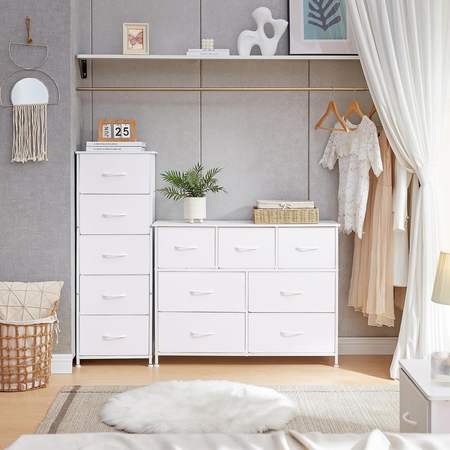 SKY-TOUCH Storage Cabinet : Bedroom Dresser with 7 Drawers Wide Storage Chest with Removable Fabric Bins Storage Organizer Unit for Living Room Entryway Hallway Nursery Kids Room (100*30*74CM White)