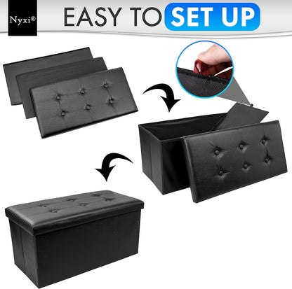 Nyxi Faux Leather 76 * 38 * 38cm Black Ottoman Foldable Storage Boxes Seat Foot Stool Storage Box with Lids for Kids Toys, Bedroom, Hallway, Living Room…