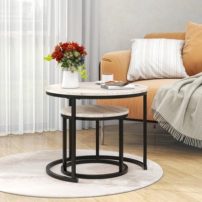 HOJINLINERO Nesting Round Coffee Table Set of 2 End Tables for Living Room,Grey Coffee Table Wooden Accent Furniture with Metal Frame,Stacking Side Tables,Black+Warm Grey