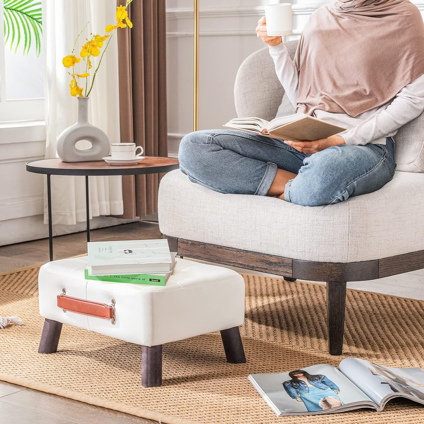 Small foot stool ottoman, Beige PU leather rectangle ottoman footrest, bedside step stool with wood legs, small Rectangular stool, foot rest for couch, small ottoman for desk, living room, bedroom