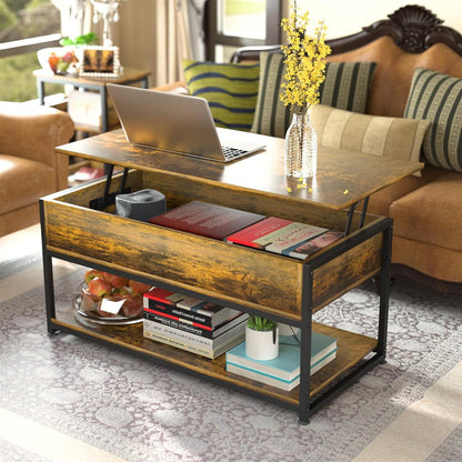 Lift Top Coffee Tables for Living Room, Industrial Wood Storage Shelf Cabinet for Living Room Reception Room Office Coffee Table with op-Up Storage, Open Shelf Rising Center/End Table for Living Room