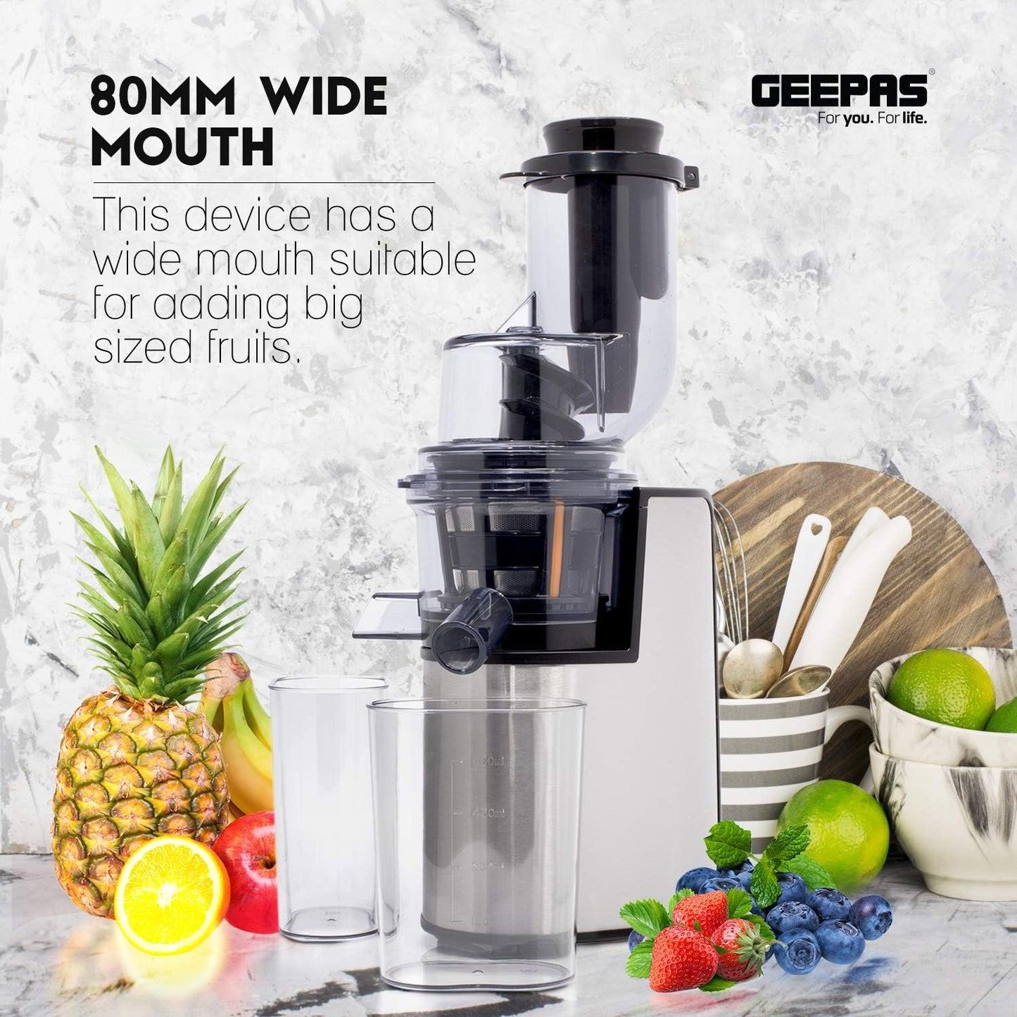 Geepas Gsj44019Uk 200W Masticating Slow Juicer Machine Cold Press Juicer, 80 mm Big Wide Mouth, Creates Fresh Healthy, High Nutrient Vegetable & Fruit Juice Quiet Motor Reverse Function, White