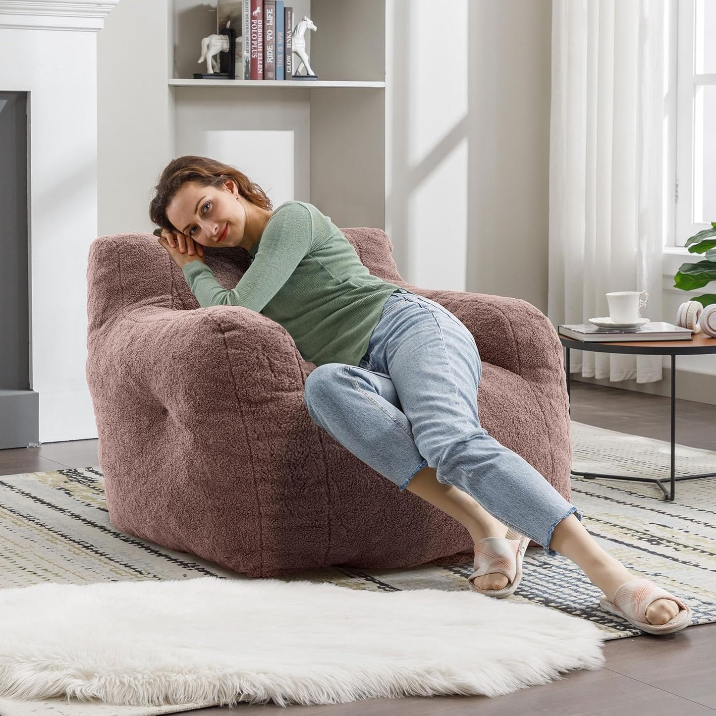 Recaceik Bean Bag Chairs, Tufted Soft Stuffed Bean Bag Chair with Filler, Fluffy Lazy Sofa, Imperial Lounger Giant Bean Bag Chair for Bedroom, Living Room, Dark Black