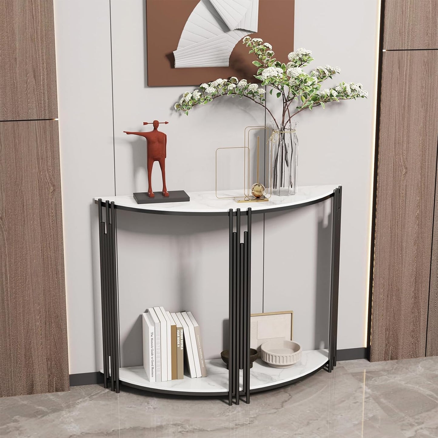 Wisfor Half Moon Console Table Hallway: 2-Tier White Marble Tables 100x30x78cm Slim Semi-Circle Entrance Hall Table Sintered Stone Entryway Table Modern Sofa Side Table for Porch, Living Room