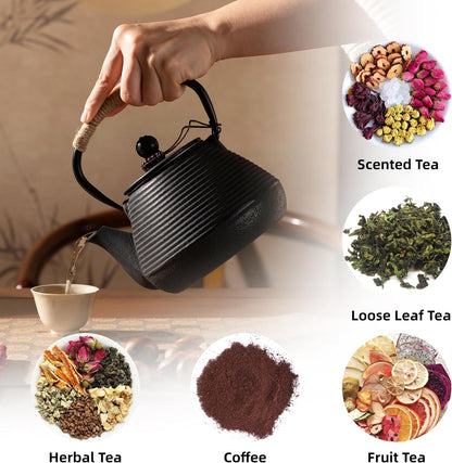 MILVBUSISS Cast Iron Teapot with Warmer, 35oz Tea Kettle Stovetop Safe with heater for Loose Leaf, Japanese Tea Pot Coated with Enameled Interior, 1000ml Black