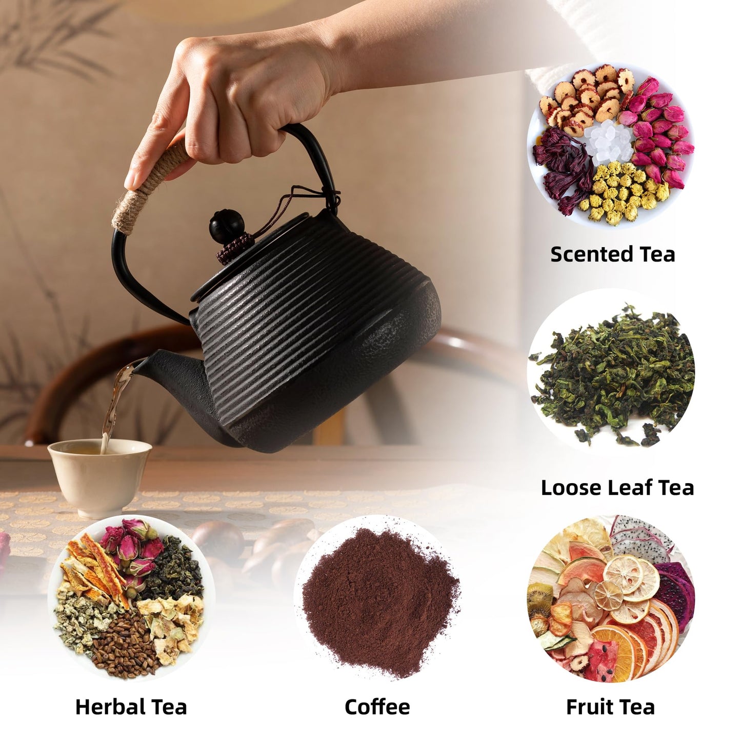 MILVBUSISS Cast Iron Teapot with Warmer, 35oz Tea Kettle Stovetop Safe with heater for Loose Leaf, Japanese Tea Pot Coated with Enameled Interior, 1000ml Black