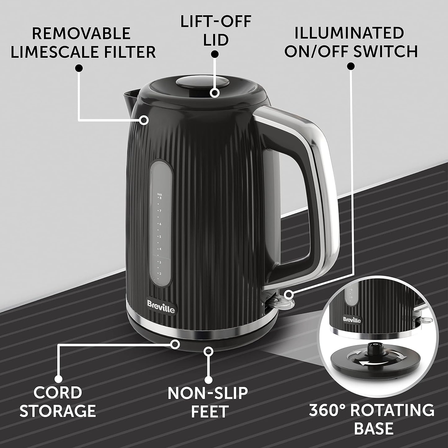 Breville Bold Black Electric Kettle | 1.7L | 3kW Fast Boil | Black & Silver Chrome [VKT221]