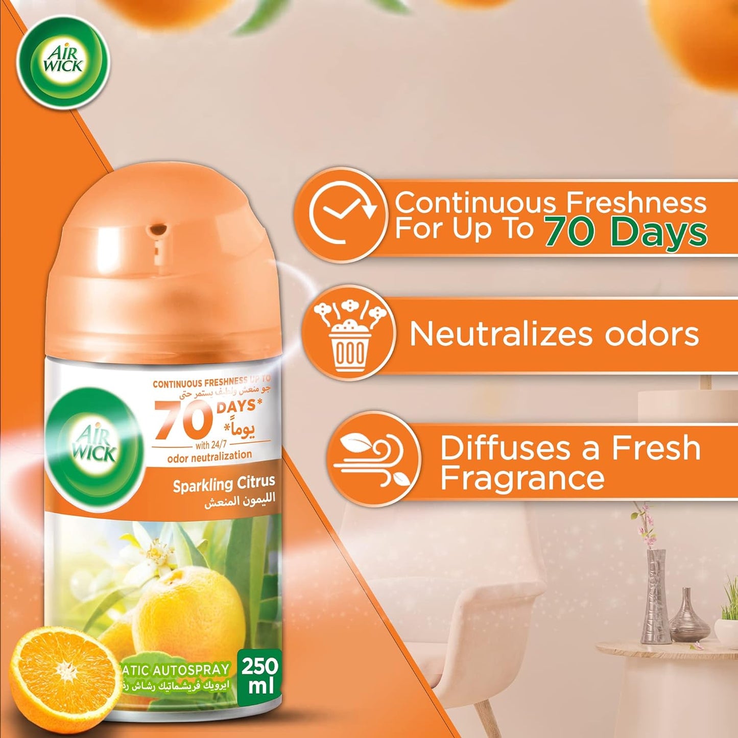 Air Wick Air Freshener Freshmatic Auto Spray Sparkling Citrus Gadget and Refill, Eliminates Bad Odour like Cat Litter Smell, 250 ml (Pack of 2)