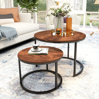 ARFARLY Round Coffee Table Set of 2 End Tables for Living Room, Nesting Coffee Table Wooden Accent Furniture with Golden Metal Frame,Stacking Side Tables