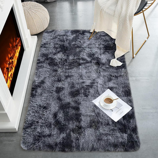 ASIinnsy Area Rugs Soft Fluffy Carpets For Living room Shaggy Rug Modern Area Rug For Bedroom Anti-Slip Rugs For Kids Room Indoor Home Decorative Carpet (Black Grey, 80 x 120cm)