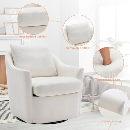 COLAMY Swivel Armchair Barrel Chair, Upholstered Round Accent Chair, 360° Swivel Single Sofa with Back Pillow for Comfort, Morden Arm Chair for Living Room/Nursery/Bedroom-Cream