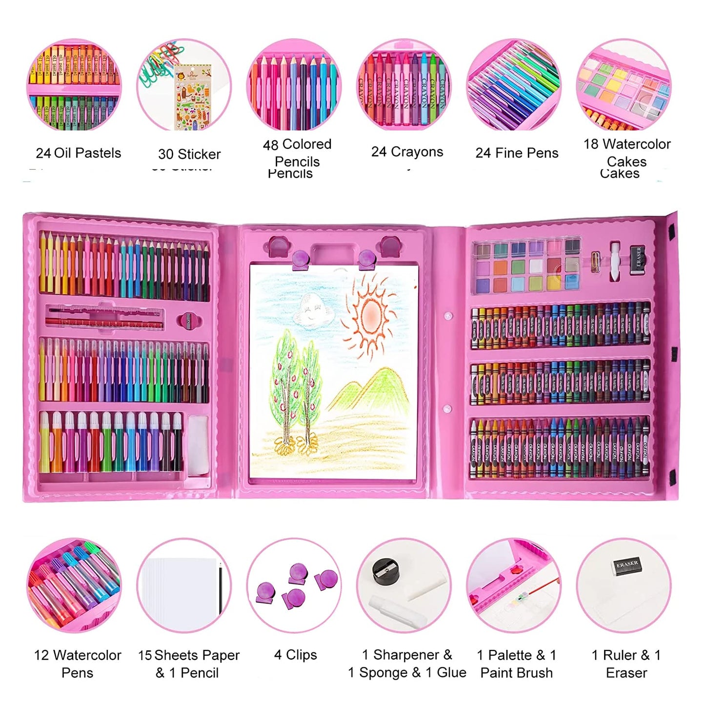 IS MUHE 209 pcs art supplies, children's drawing art set with double-sided tri-fold easel box, with oil pastels, crayons, colored pencils, paintbrushes, watercolor brushes, etc. (Pink)