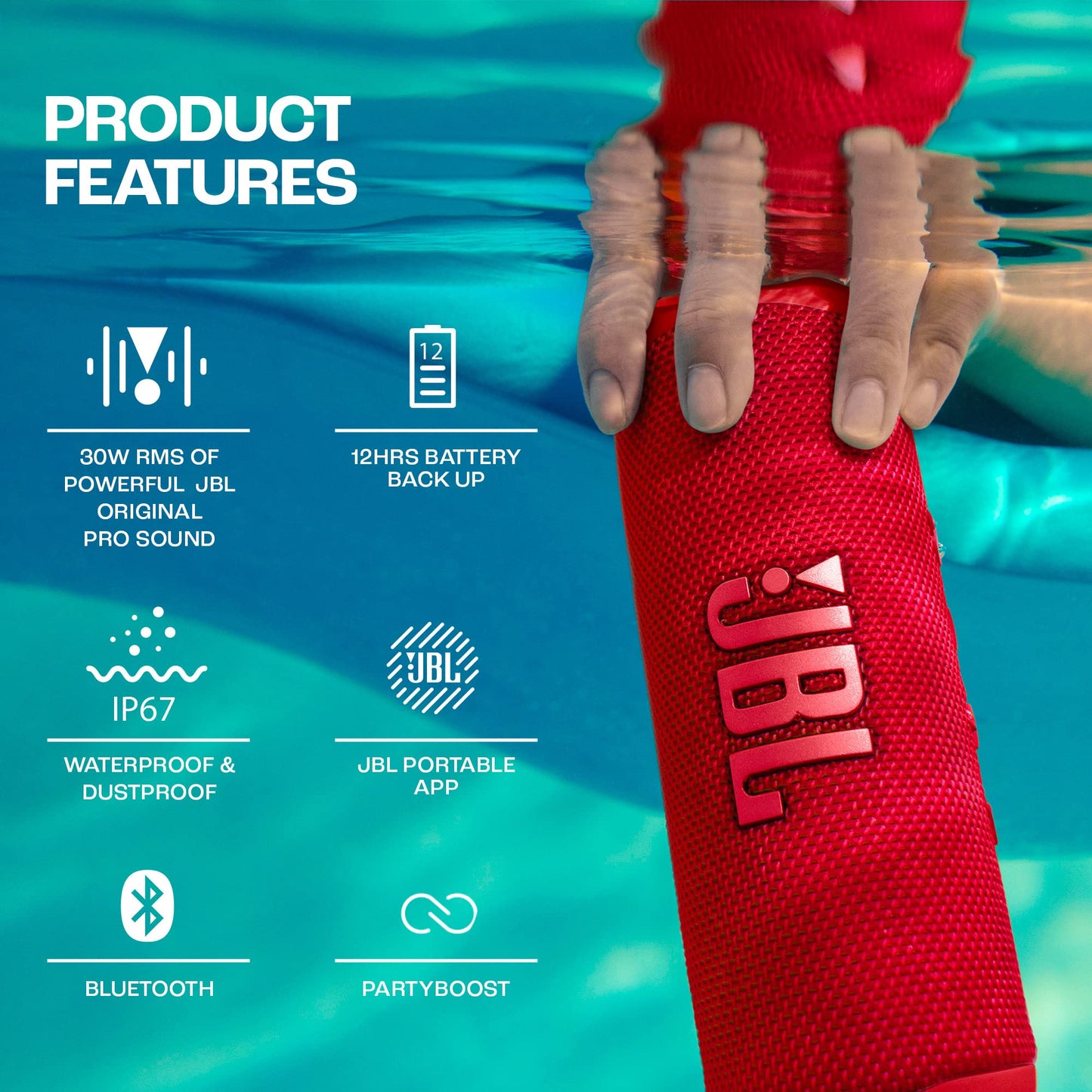 JBL Flip 6 Portable IP67 Waterproof Speaker with Bold JBL Original Pro Sound, 2-Way Speaker, Powerful Sound and Deep Bass, 12 Hours Battery, Safe USB-C Charging Protection - Red, JBLFLIP6RED