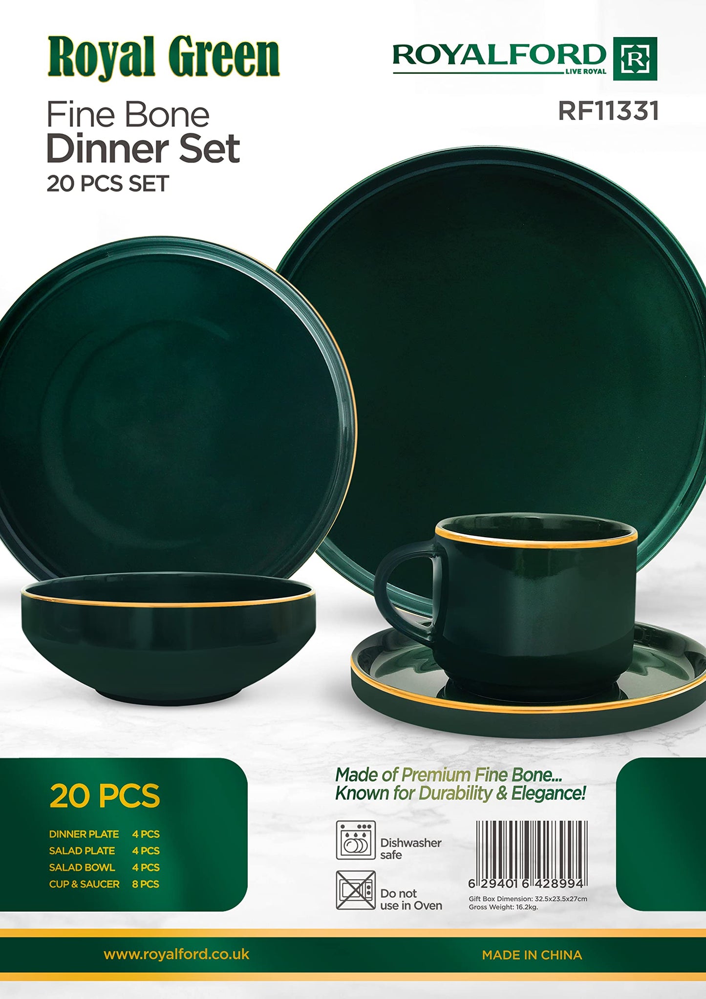 Royalford Royal Green 20 Piece Fine Bone Dinner Set- RF11331 Includes Dinner Plates, Salad Plates, Salad Bowls and Cups and Saucers Dishwasher-Safe Green