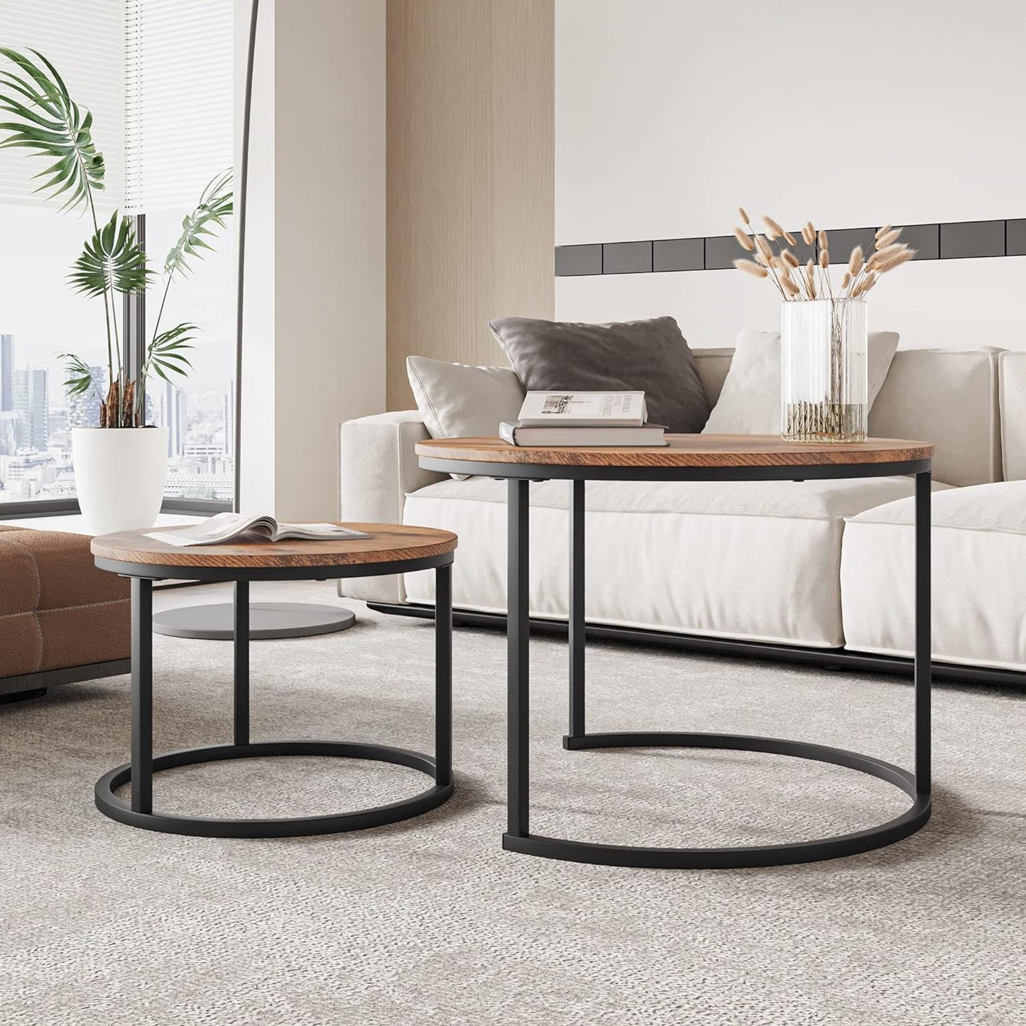 FOUBAM Round Coffee Tables for Living Room Furniture Wood Nesting Coffee Table Set of 2 Stacking Side Tea Table for Small Spaces Balcony Office, Stable Metal Frame,Easy Assembly(Black+Natural Oak)