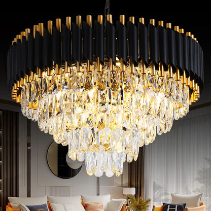 Modern Crystal Chandeliers Gold Black Crystal Chandeliers 3-Tier Round Crystal Chandelier Ceiling Light Fixture Crystal Pendant Light Fixture for Dining Room Living Room Bedroom Foyer Hallway W15.7"