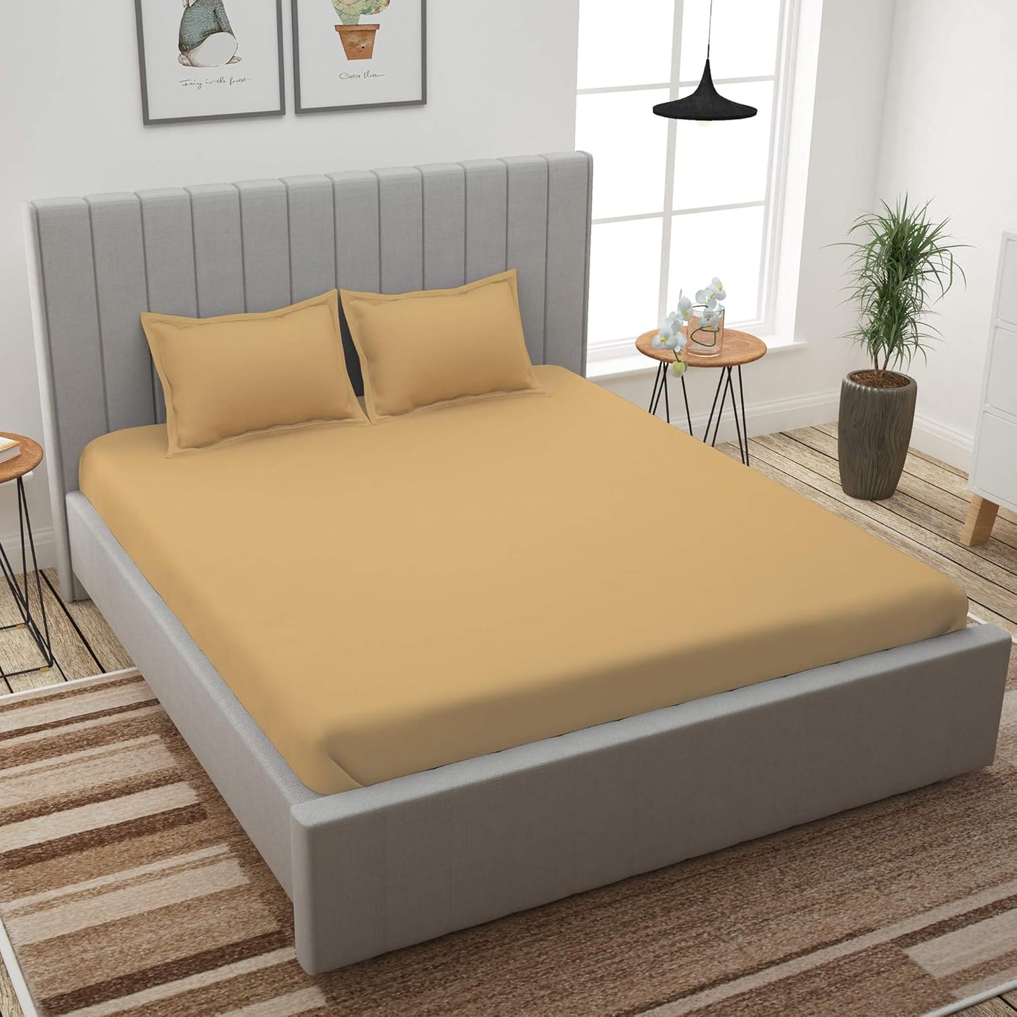 Story@Home Forever XL 300 TC 100% CottonSolid Pattern King size Bedsheet With 2 Pillow Cover, Sepia Beige