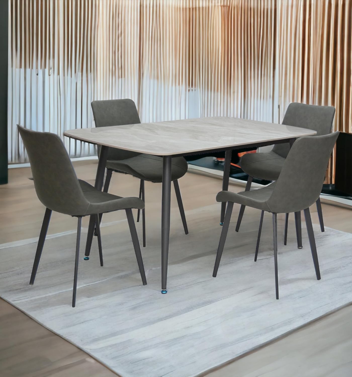 Multi Home Furniture Modern desgin Marble 1+4 MH-DS21- Grey Dinning table with steel legs and Pvc Leather 4 chairs set and 1 table with marble top and leg stainless steel,