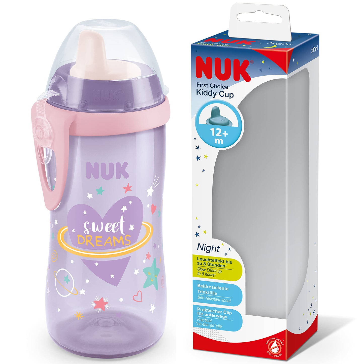 NUK Kiddy Cup Night Toddler Cup | 12+ Months | 300 ml | Leak-Proof Toughened Spout | Glow in The Dark | Clip & Protective Cap | BPA-Free | Purple