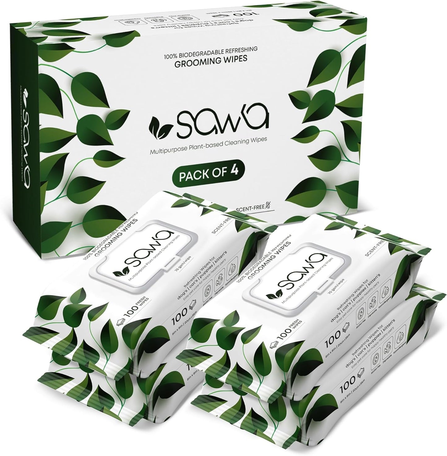 SAWA Dog Wipes, 100 Pcs Thick Plant Based Grooming Wipes For Easy Use on Paws, Body and Bum, Unscented pet wipes