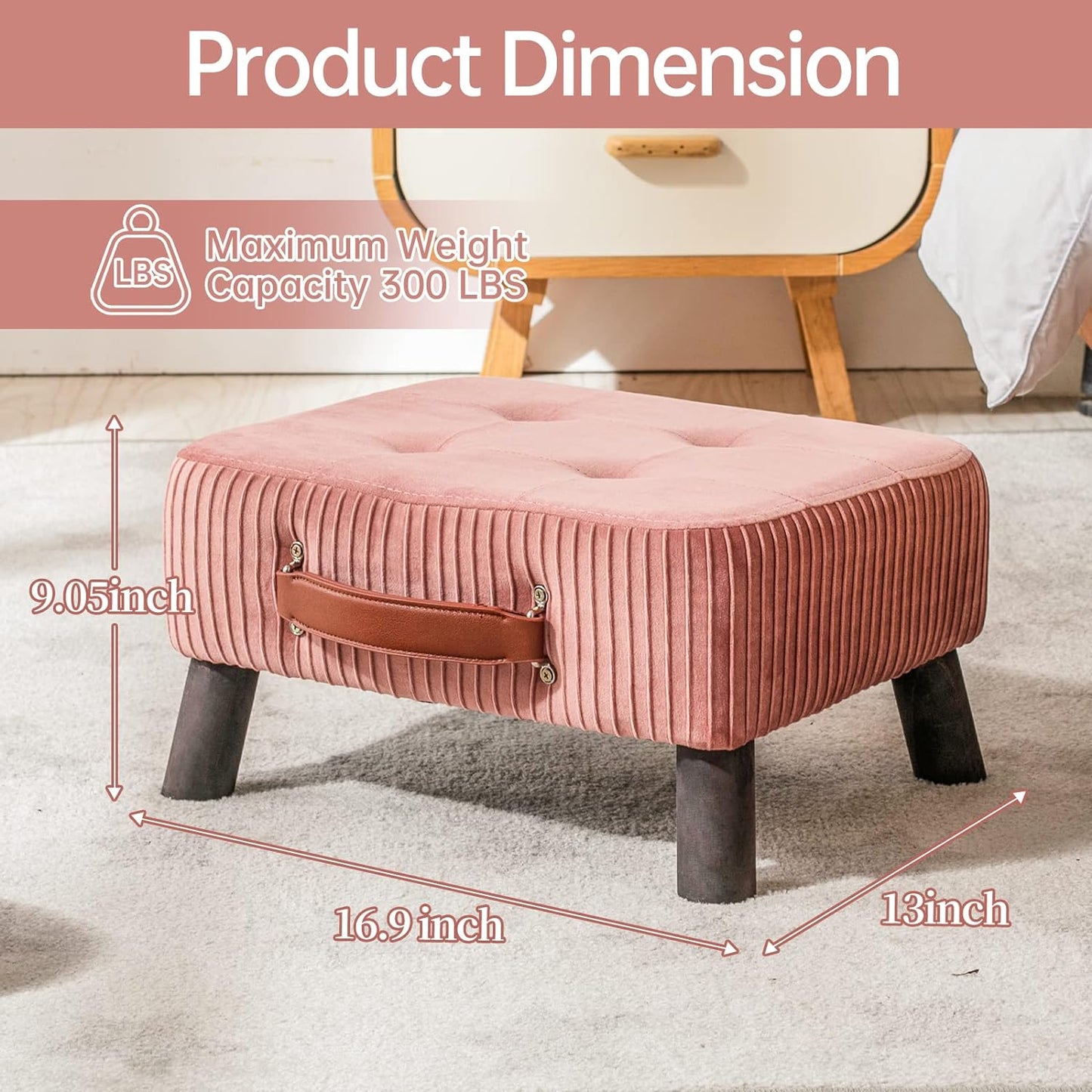 Small foot stool ottoman, Beige PU leather rectangle ottoman footrest, bedside step stool with wood legs, small Rectangular stool, foot rest for couch, small ottoman for desk, living room, bedroom