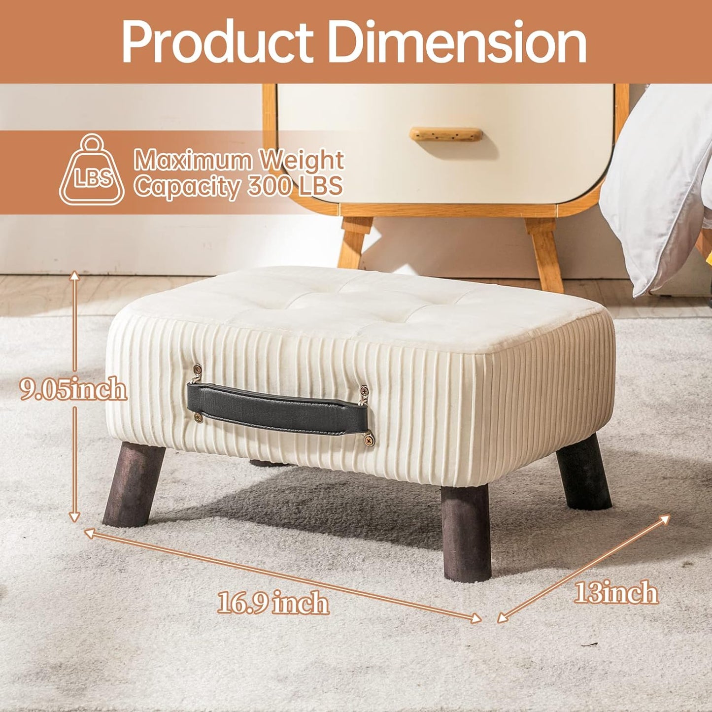 Small foot stool ottoman, Beige PU leather rectangle ottoman footrest, bedside step stool with wood legs, small Rectangular stool, foot rest for couch, small ottoman for desk, living room, bedroom