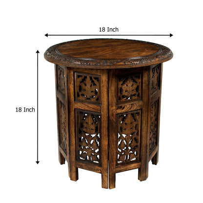 COTTON CRAFT Solid Wood Accent End Table - Hand Carved Vintage Boho Folding Side Table - Small Spaces Entryway Farmhouse Living Room Bedside - No Tools Assembly -18x18 Round - Jaipur Antique Brown