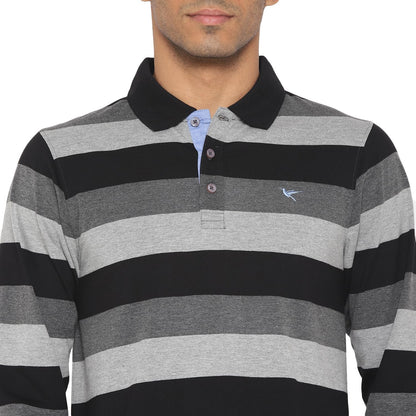 Deniklo Men's Polo Collar Full Sleeves Striped T-Shirt with Embroidery DK 240