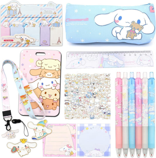 Cute School Supplies Set, Kawaii Office Supplies, Includes Pencil Case, Ballpoint Pens, Ruler, Sticky Note, Stickers, Enamel Pins, Lanyard with ID Card Holder for Girls (A)