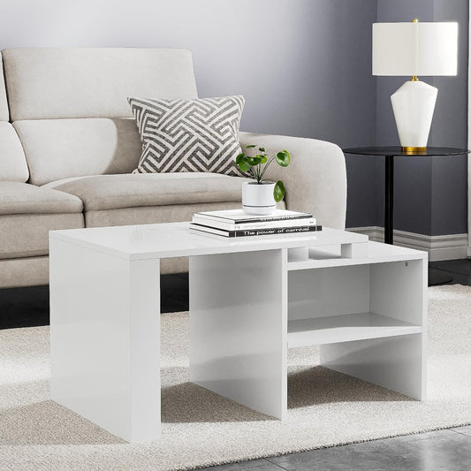 GOLDFAN Industrial Coffee Table High Gloss Side Table Vintage Wooden and Metal Living Room Coffee Table with Storage Shelf Accent Furniture (White)