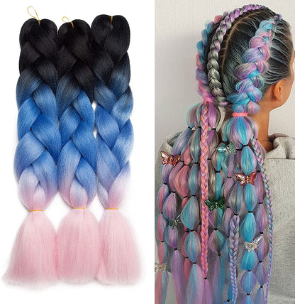 Synthetic Hair for Braiding, Jumbo Braids, Extension Afro Braids Crochet Twist, Heat Resistant 24 inch 3 Pcs(Sky Blue mix Light Puple)