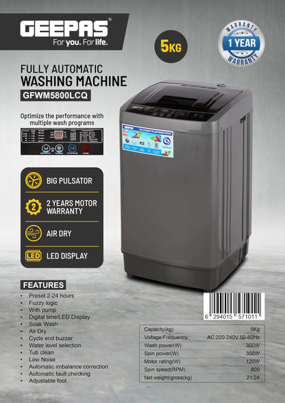 Geepas Fully Automatic Washing Machine- GFWM5800LCQ/ Top Load Equipped with Big Pulsator, Air Dry Function, Digital Display, Automatic Imbalance Control/ 5 kg Capacity, Grey, 1 Year Warranty