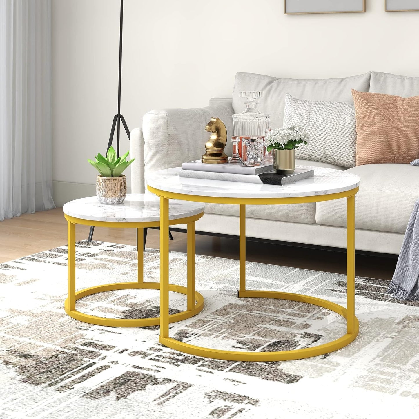 ARFARLY Round Coffee Table Set of 2 End Tables for Living Room, Nesting Coffee Table Wooden Accent Furniture with Golden Metal Frame,Stacking Side Tables