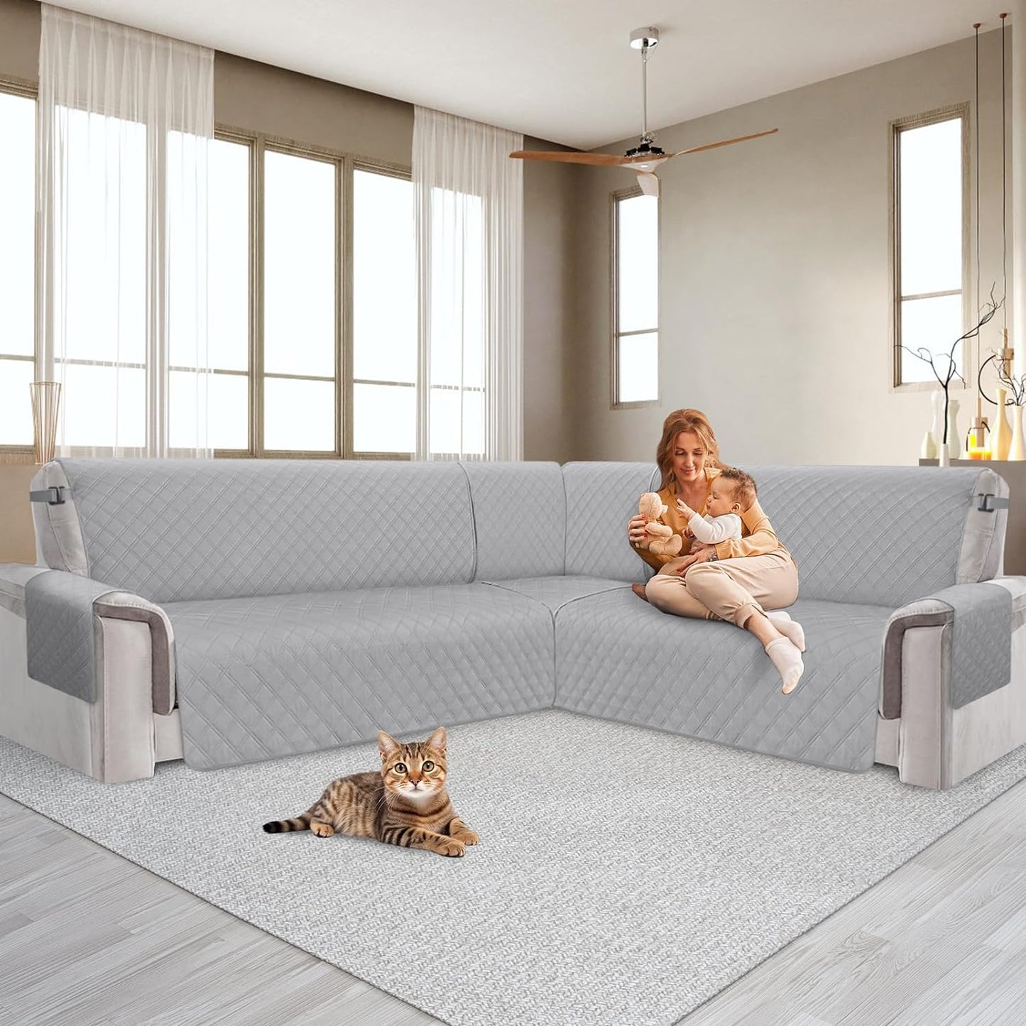 ALIECOM 100% Waterproof Corner Sectional Couch Covers L Shape Sofa Cover Washable 3 Piece Quilted U Shaped Sectional Slipcover Set Anti Slip Furniture Protector for Pets Dogs Cat (Silver Gray, Large)