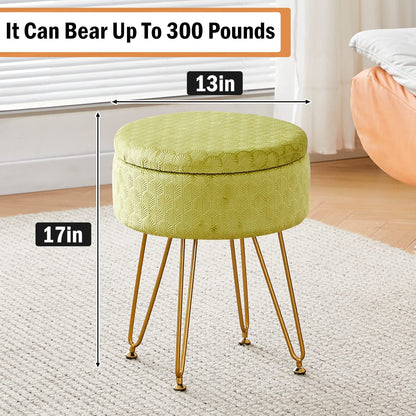 Cpintltr Footrest Footstools Round Velvet Ottoman with Storage Space Soft Vanity Chair with Memory Foam Seat Small Side Table Hallway Step Stool 4 Gold Metal Legs with Adjustable Footings Champagne