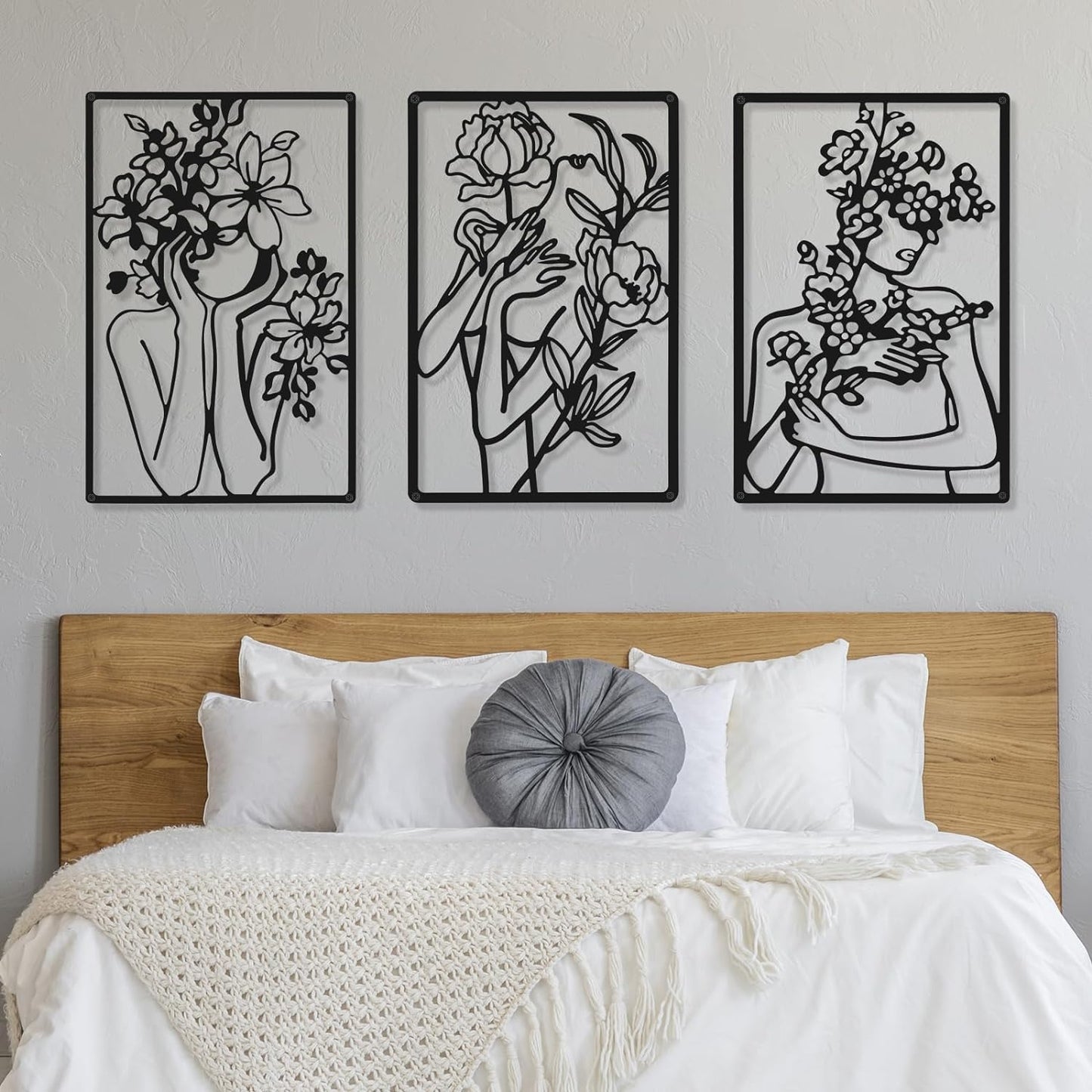 CHENGU 3 Pieces Metal Minimalist Abstract Woman Wall Art Line Drawing Wall Art Decor Single Line Female Home Hanging Wall Art Decor for Kitchen Bathroom Living Room (Black, Hand)