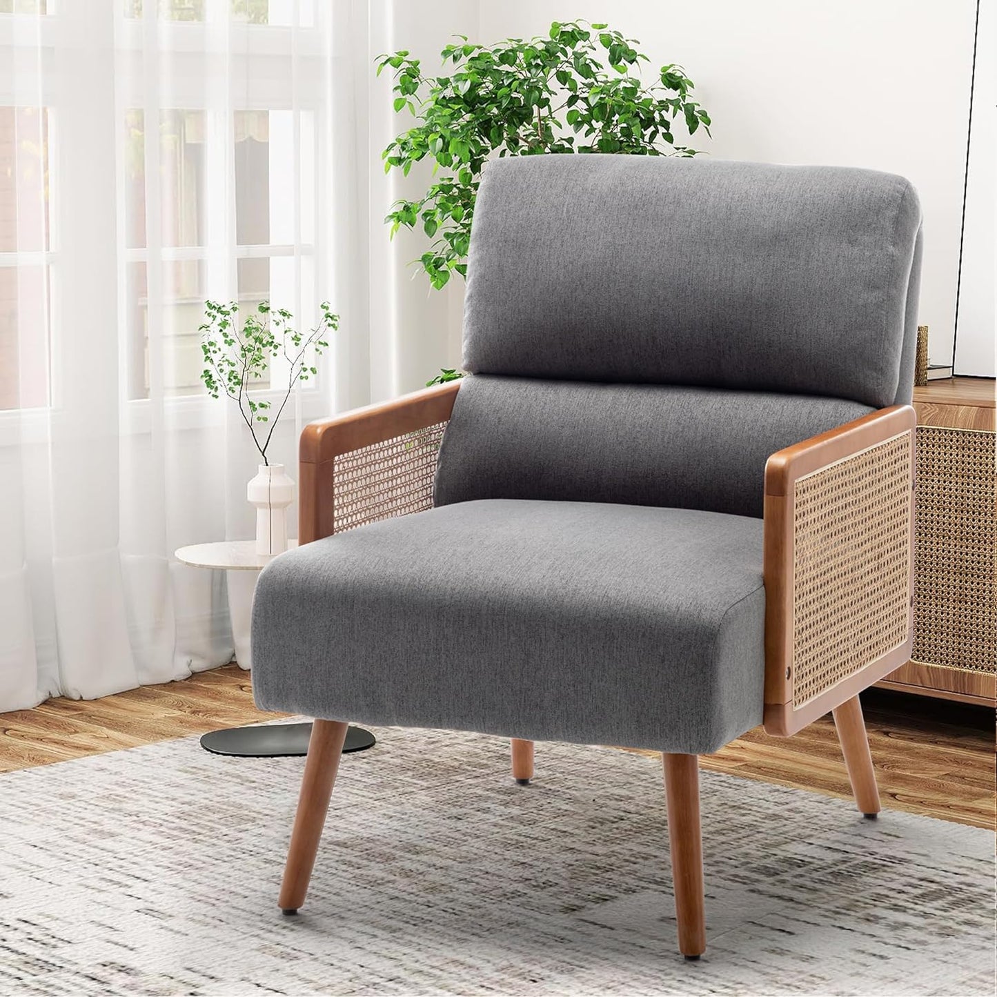 ALISH Rattan Accent Chairs,Upholstered Accent Chairs Armchair Mid Century Modern Living Room Chair with Rattan Armrest and Wooden Legs (Gray, Set of 1)